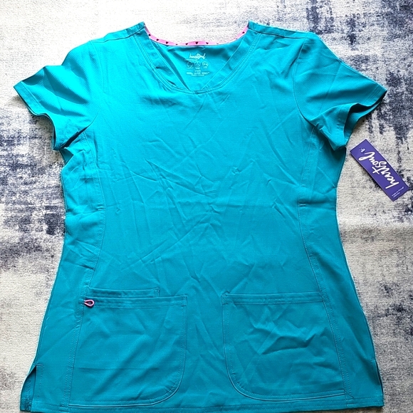 NEW Heart soul scrub top Teal Moisture Wicking 4 Way Stretch Medium M NWT Pocket - Picture 1 of 8